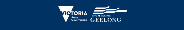 The Victorian State Government logo and City of Greater Geelong logos sit on a dark blue background.