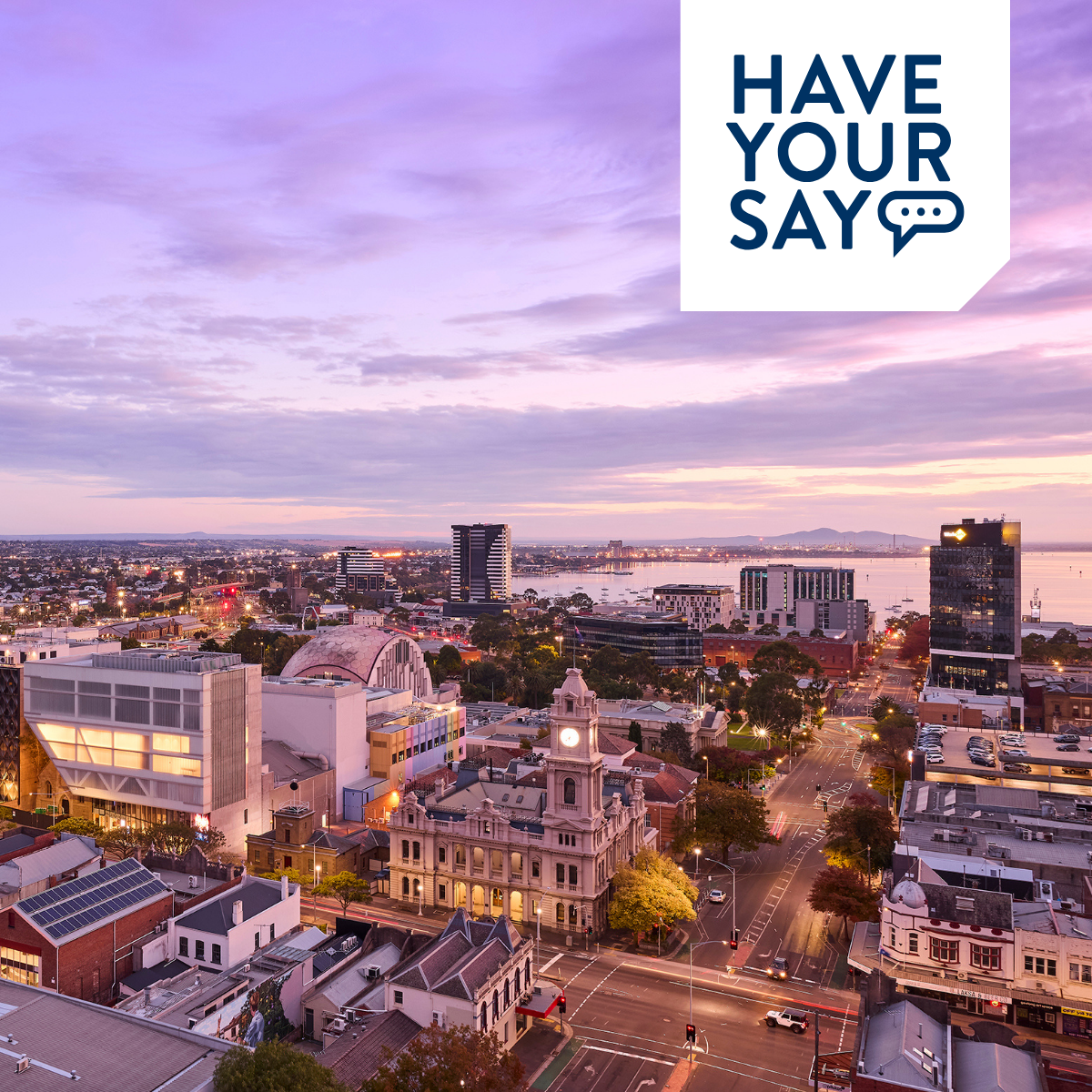 Aerial shot of Geelong CBD with Have Your Say logo in the corner