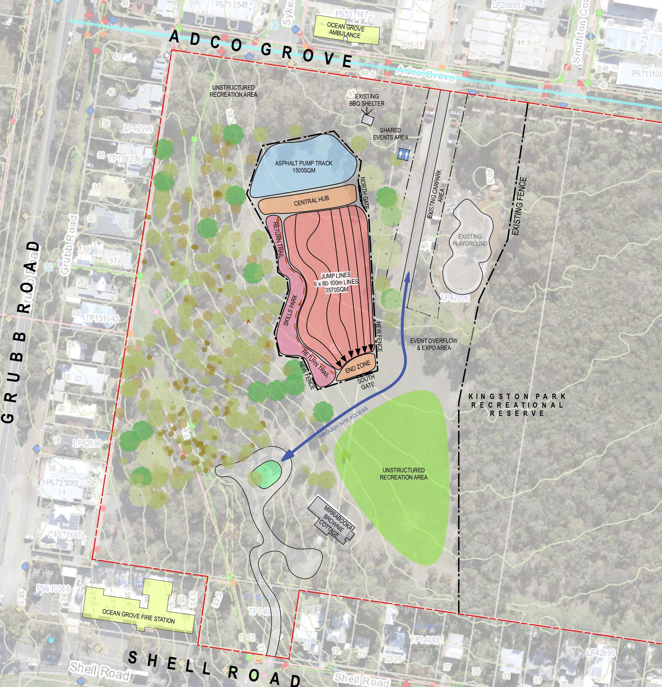 Concept plan fro Ocean Grove District Ride Centre showing location of features including the asphalt pump track, central hub, jump lines and skills park.