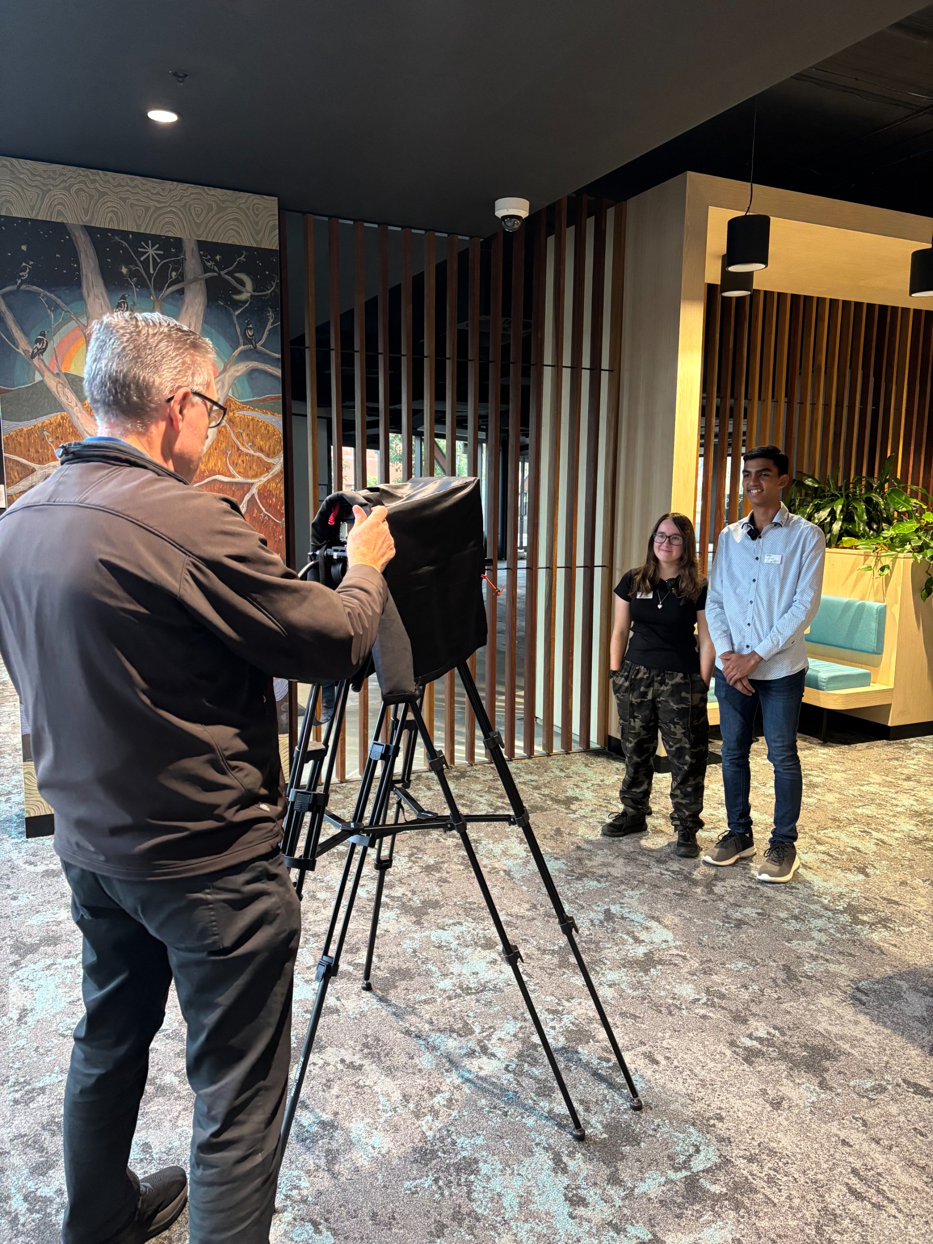 Geelong Youth Awards campaign filming featuring Youth Council members: Junior Mayor, Ayush Singh and Bella Harvey.